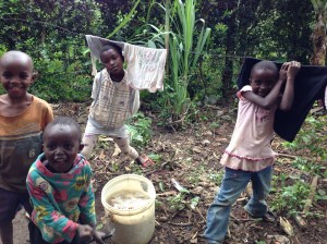 Laundry being washed and hanging to dry.